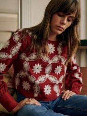 Sezane Flamine Blouse Ecru Embroidery On Garnet Background - Size 8